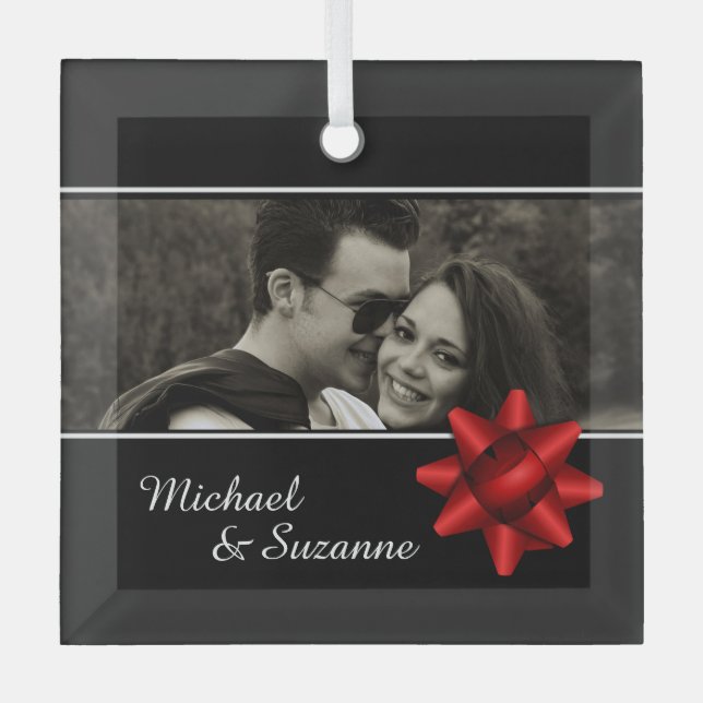Elegant Romantic Custom Photo Red Ribbon Glass Tree Decoration (Front)