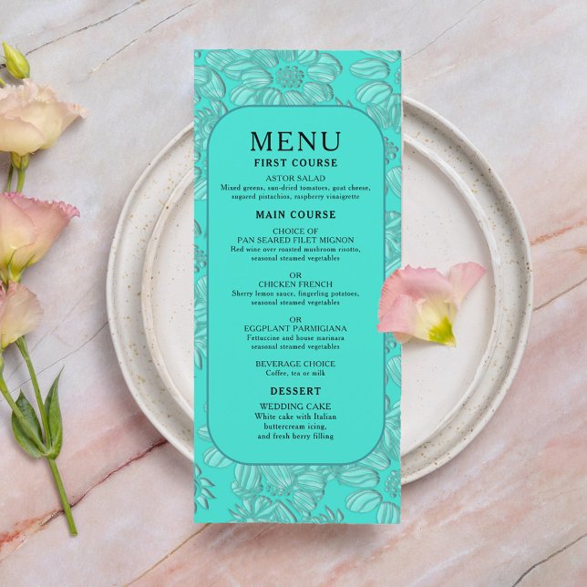 Elegant Romantic Daisies Floral Turquoise Wedding Menu (Romantic Daisies Floral Turquoise Wedding Program Menu)