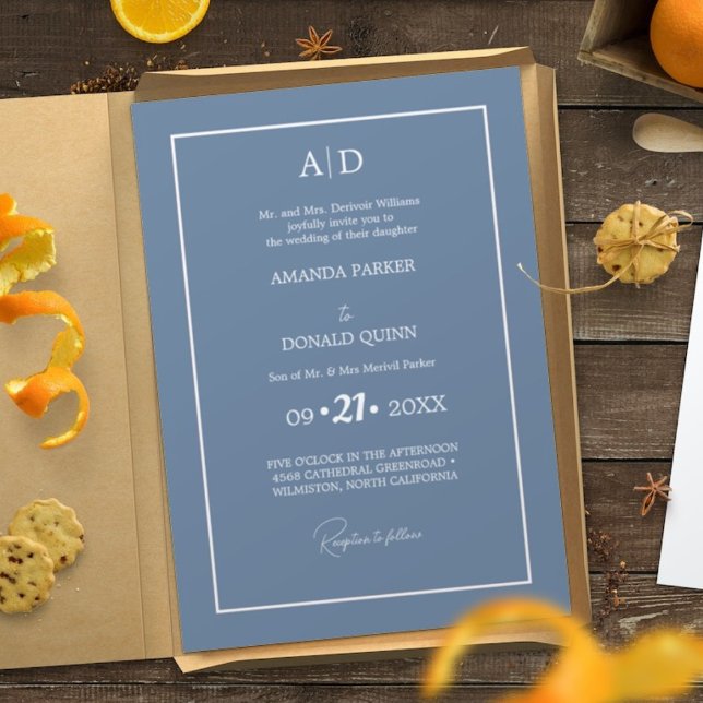 Elegant & Romantic Dusty blue Monogram Wedding  Invitation (Creator Uploaded)