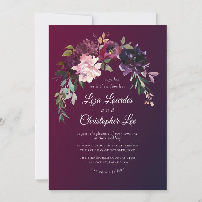 Elegant Romantic Fall Floral Burgundy Wash Wedding Invitation (Front)