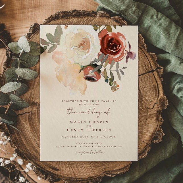 Elegant Romantic Fall Floral Red Wedding Invitation (Creator Uploaded)