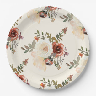 Elegant Romantic Fall Floral Red Wedding Paper Plate