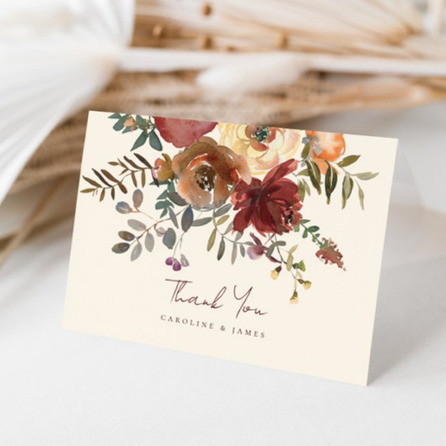 Elegant Romantic Fall Floral Red Wedding Thank You Card (Creator Uploaded)