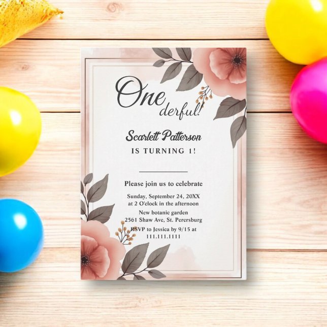 Elegant Romantic Floral Frame Rustic 1st Birthday Invitation (Creator Uploaded)