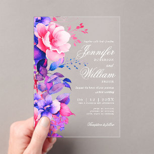 Elegant Romantic Floral Wedding Script Purple  Acrylic Invitations