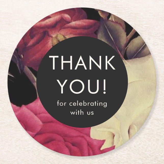 Elegant Romantic Floral Wedding Thank You Round Paper Coaster (Front)