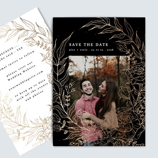 Elegant Romantic Flower Wreath Gold Wedding Photo Save The Date (Creator Uploaded)