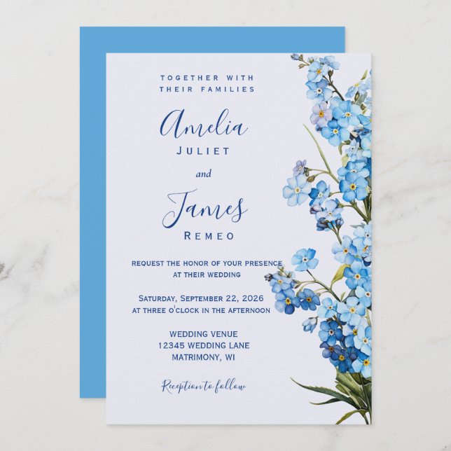 Elegant Romantic 'Forget-Me-Not' Floral Wedding Invitation (Front/Back)