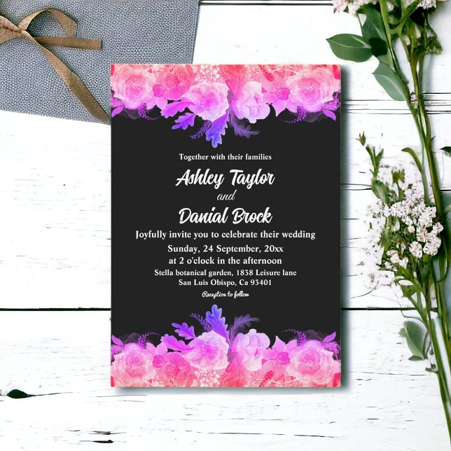 Elegant Romantic Glow Roses Neon Floral Wedding Invitation (Creator Uploaded)