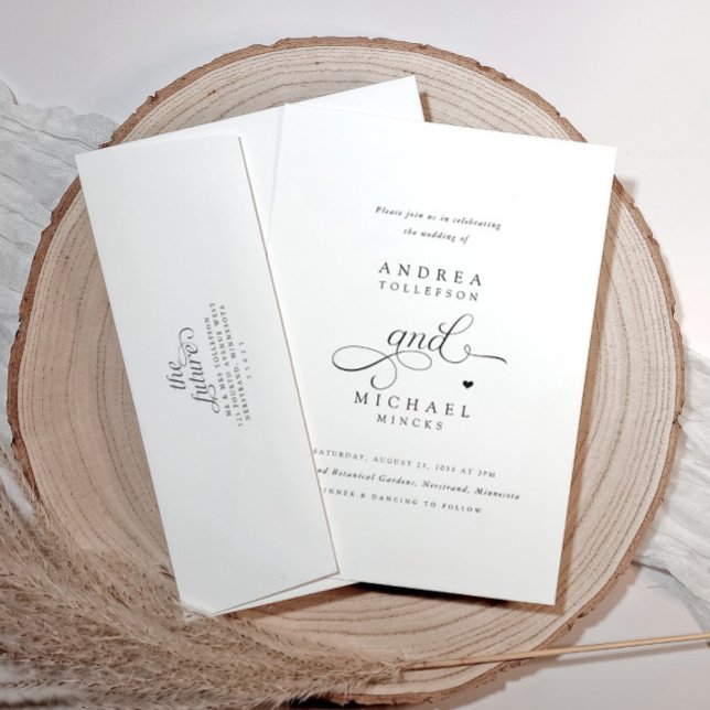 Elegant Romantic Heart All in One Wedding Wedding Invitation (Simple modern wedding invitation with heart and details with qr code on the back)