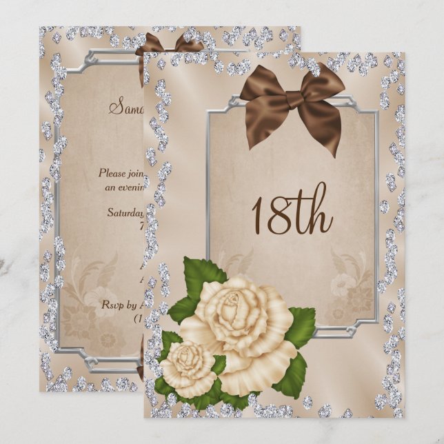 Elegant Romantic Ivory Roses & Bows 18th Invitation (Front/Back)