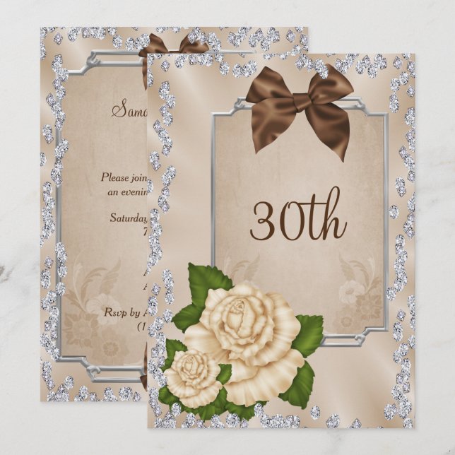 Elegant Romantic Ivory Roses & Bows 30th Invitation (Front/Back)