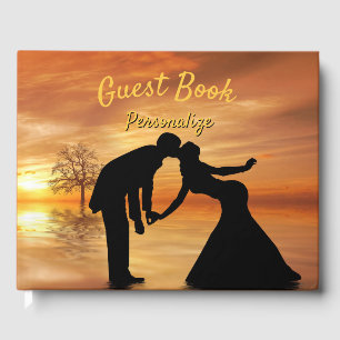 Elegant Romantic Kissing Silhouette Couple Sunset Guest Book