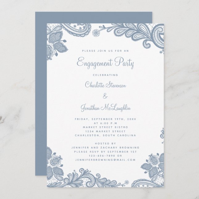 Elegant Romantic Lace Engagement Party Dusty Blue Invitation (Front/Back)