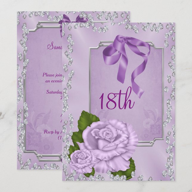 Elegant Romantic Lilac Roses & Bows 18th Invitation (Front/Back)