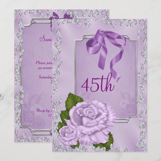 Elegant Romantic Lilac Roses & Bows 45th Invitation (Front/Back)