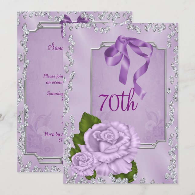 Elegant Romantic Lilac Roses & Bows 70th Invitation (Front/Back)