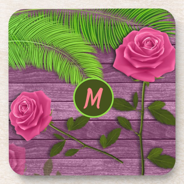 Elegant & Romantic Monogram Pink Roses Wood BG Coaster (Front)