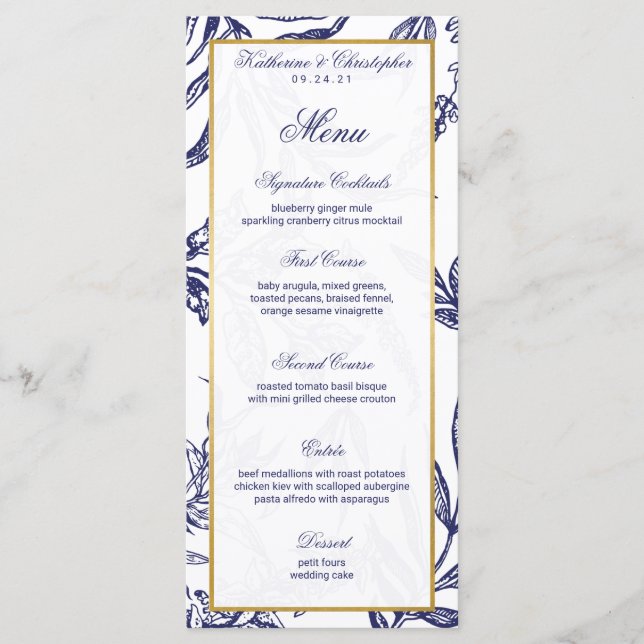 Elegant Romantic Navy Blue Gold Botanical Wedding Programme (Front)