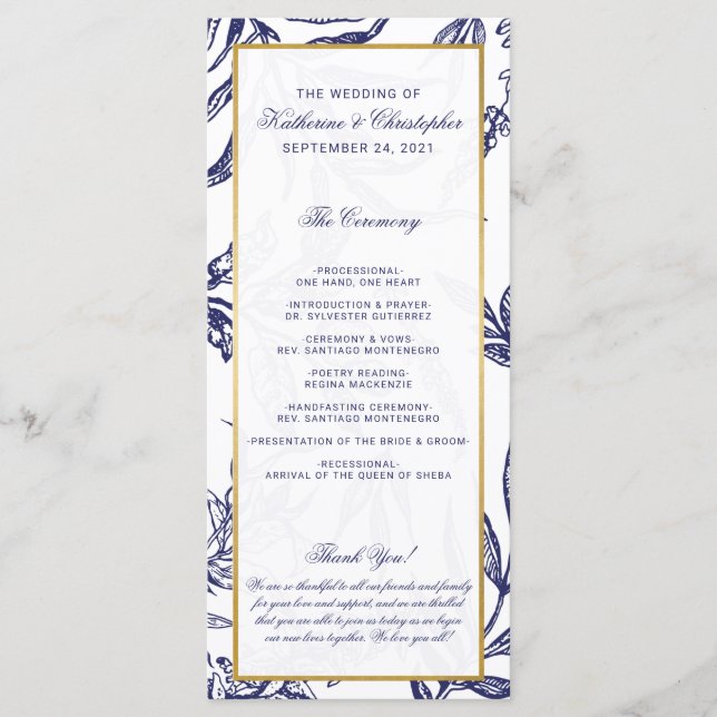 Elegant Romantic Navy Blue Gold Botanical Wedding Programme (Front)