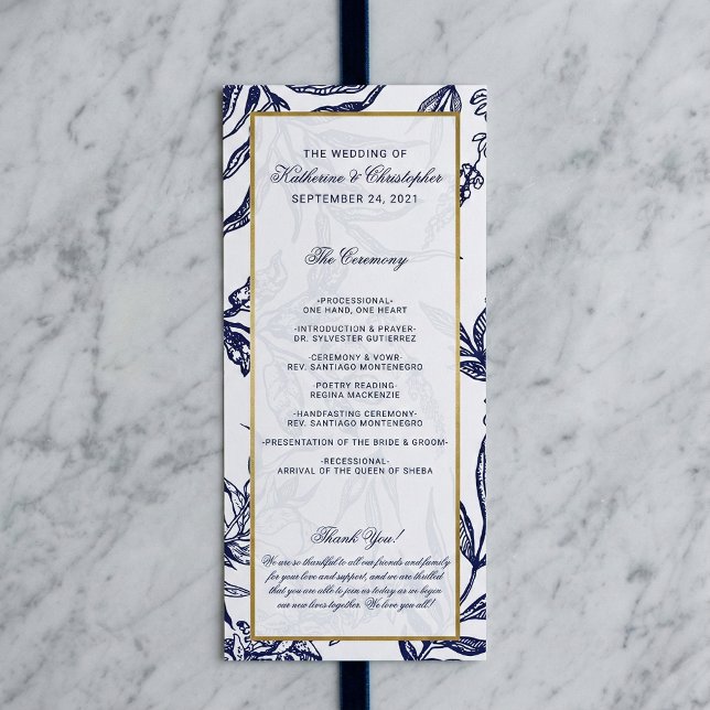 Elegant Romantic Navy Blue Gold Botanical Wedding Programme (Creator Uploaded)