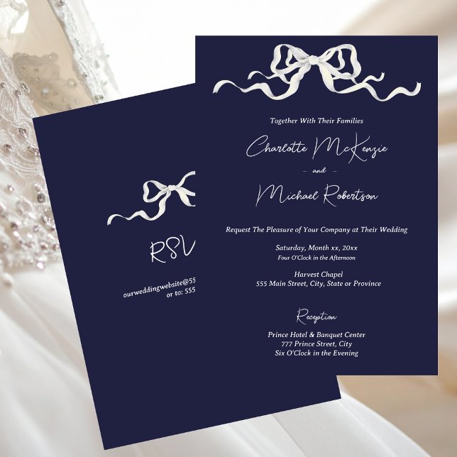 Elegant Romantic Navy Ribbon & Bow Wedding Invitation (Elegant Romantic Navy Ribbon & Bow Wedding)