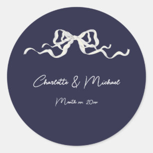 Elegant Romantic Navy Ribbon Wedding Classic Round Sticker
