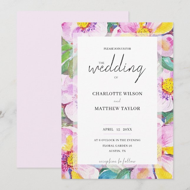 Elegant Romantic Peach Flowers Watercolor Art Invitation (Front/Back)