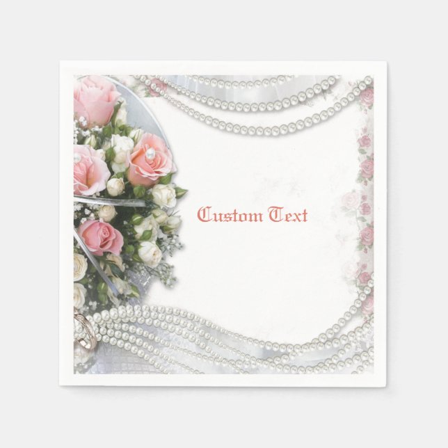 Elegant & Romantic Pearls & Roses Personalise Napkin (Front)