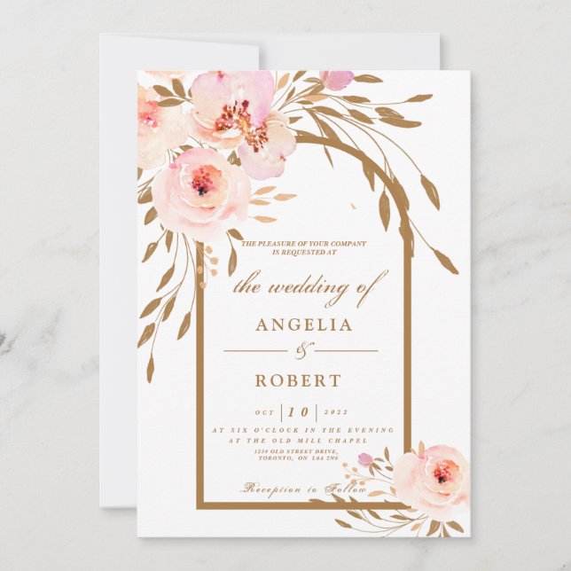Elegant Romantic Pink Blush Gold Floral Wedding Invitation (Front)