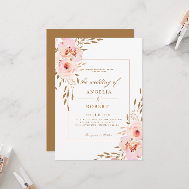 Elegant Romantic Pink Blush Gold Floral Wedding Invitation (Front/Back In Situ)