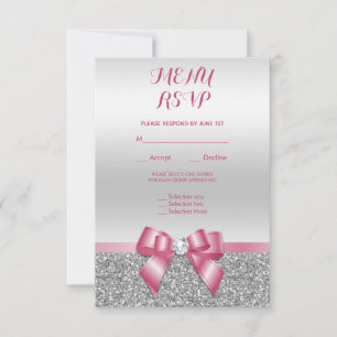 Elegant Romantic Pink Bow & Silver Glitter Rsvp Card