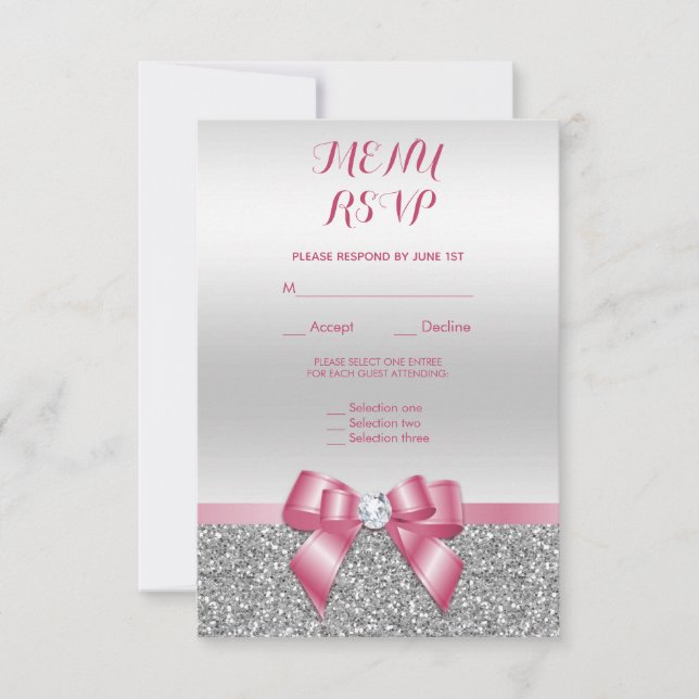 Elegant Romantic Pink Bow & Silver Glitter Rsvp Card (Front)