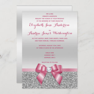Elegant Romantic Pink Bow & Silver Glitter Wedding Invitation
