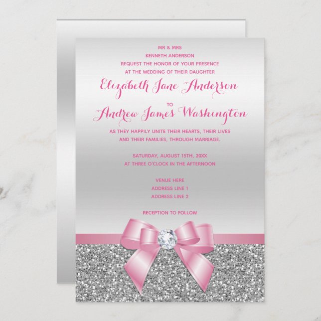 Elegant Romantic Pink Bow & Silver Glitter Wedding Invitation (Front/Back)