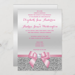 Elegant Romantic Pink Bow & Silver Glitter Wedding Invitation