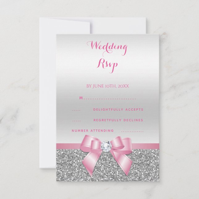 Elegant Romantic Pink Bow & Silver Glitter Wedding RSVP Card (Front)