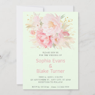 Elegant Romantic Pink Floral Light Green Wedding Invitation