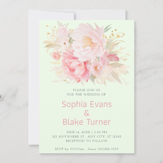 Elegant Romantic Pink Floral Light Green Wedding Invitation (Front)