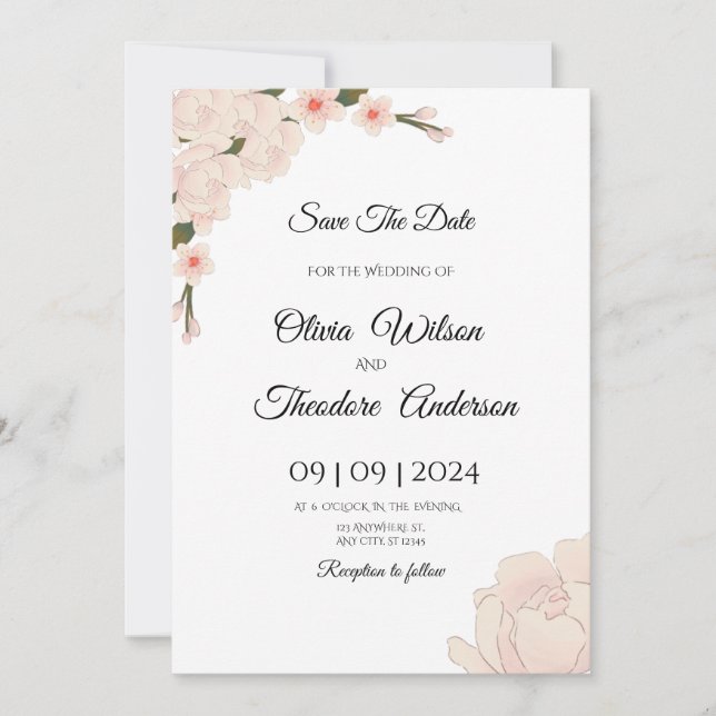 Elegant Romantic Pink Floral Wedding Save The Date Invitation (Front)
