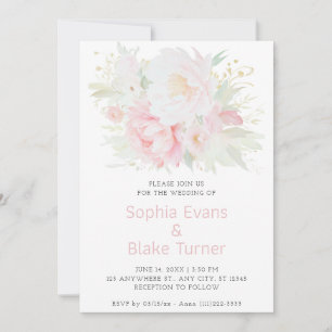 Elegant Romantic Pink Floral White Wedding Invitation