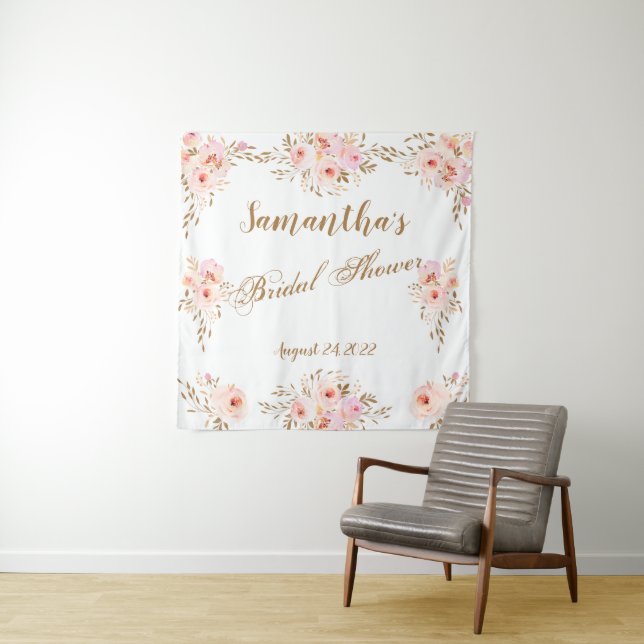 Elegant Romantic Pink Gold Floral Bridal Shower Tapestry (In Situ)