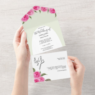 Elegant Romantic Pink Green Watercolor Roses All In One Invitation