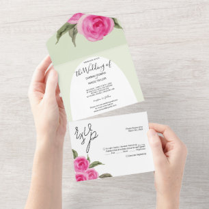 Elegant Romantic Pink Green Watercolor Roses All In One Invitation