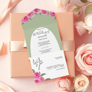 Elegant Romantic Pink Green Watercolor Roses All In One Invitation