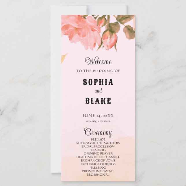 Elegant Romantic Pink Roses Pink Wedding Program (Front)