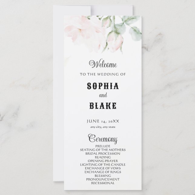 Elegant Romantic Pink Roses White Wedding Program (Front)