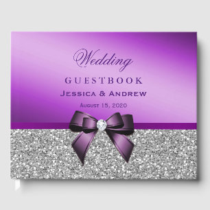 Elegant Romantic Purple Bow & Silver Glitter Guest Book