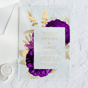Elegant Romantic Purple Gold Floral Acrylic Invitations