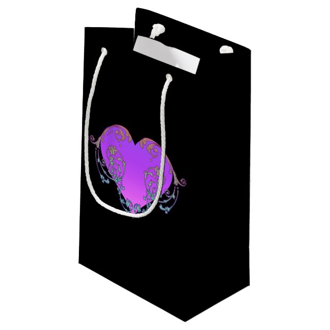 Elegant, Romantic Purple Heart with Flourish  Small Gift Bag (Back Angled)